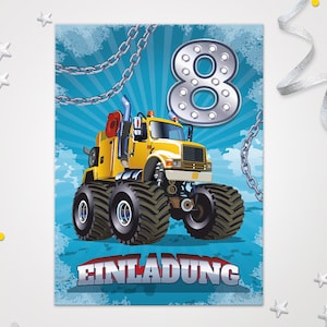 Einladungskarten Monster-Truck zum 8. Kindergeburtstag coole Einladungen zum Geburtstag Baustelle-Motiv für Jungen Bagger Rennauto Truck