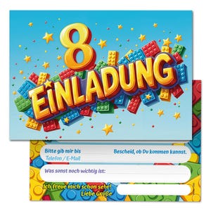 Einladungskarten Bausteine zum 8. Kindergeburtstag coole Einladungen zum achten Geburtstag Bauklötze-Motiv Jungen Jungs Building Bricks