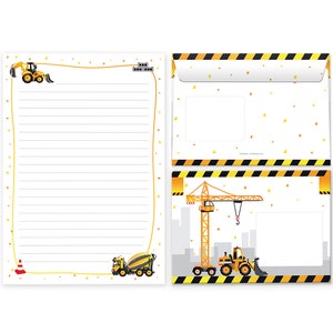 Briefpapier-Set Baustelle Briefblock Umschläge Blöcke für Jungs Jungen Bagger Papier Bagger-Motiv A4 A5 LkW Kran Traktor Baustelle Bagger