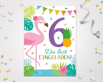 Einladungskarten zum 6. Kindergeburtstag Flamingo coole Einladungen zum Geburtstag Flamingo-Motiv für Mädchen Mädels pink Flamingo modern