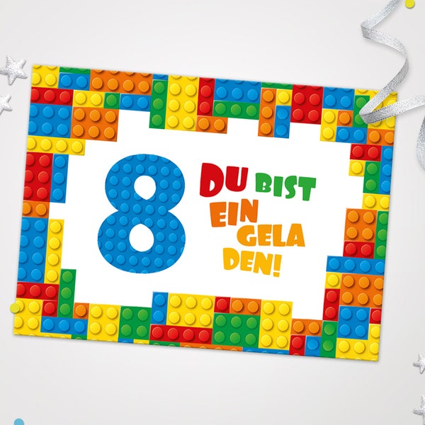 Einladungskarten Bausteine zum 8. Kindergeburtstag coole Einladungen zum Geburtstag Bauklötze-Motiv für jungen Jungs Mädchen Building Bricks