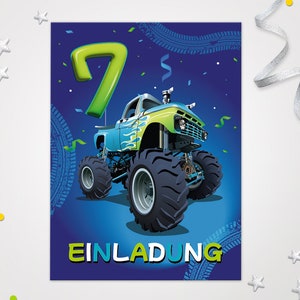 Einladungskarten Monster-Truck zum 7. Kindergeburtstag coole Einladungen zum Geburtstag Baustelle-Motiv für Jungen Bagger Rennauto Truck