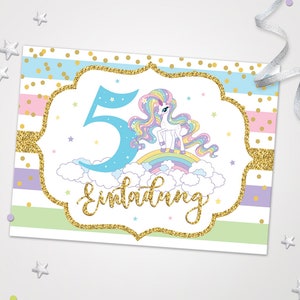 Einladungskarten Einhorn zum 5. Kindergeburtstag Einladungen zum Geburtstag Einhorn-Motiv für Mädchen Mädels Karten Regenbogen schöne Karten