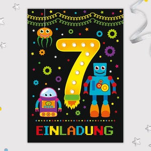 Roboter Einladungskarten zum 7. Kindergeburtstag für Jungen Jungs coole bunte Einladungen siebte Geburtstag Jungsgeburtstag