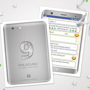 Einladungskarten Tablet zum 9. Kindergeburtstag coole Karten zum Geburtstag für Mädchen Jungen Jungs Mädels Einladungen Handy-Motiv Smiley