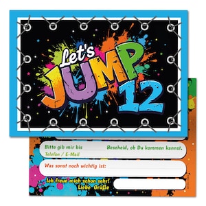 Jump Einladungskarten zum 12 Kindergeburtstag Einladungen zwölfte Geburtstag Trampolin Mädchen Jungen Kinder Springen Jumpen Jump-Park