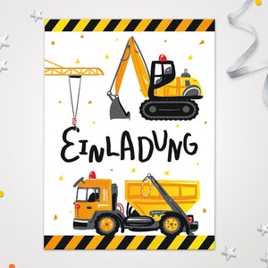 Einladungskarten Baustelle zum Kindergeburtstag coole Einladungen zum Geburtstag Baustelle-Motiv für jungen Jungs Bagger Autos LkW Kran