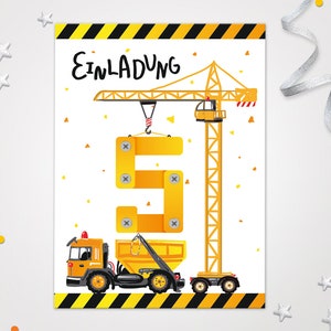 Einladungskarten Baustelle zum 5. Kindergeburtstag coole Einladungen zum Geburtstag Baustelle-Motiv für jungen Jungs Bagger Autos LkW Kran
