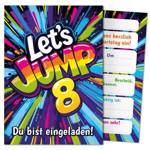Jump Einladungskarten zum 8. Kindergeburtstag Einladungen achte Geburtstag Trampolin Mädchen Jungen Mädels Kinder Springen Jumpen Jump-Park