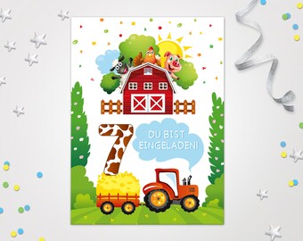 Einladungskarten Bauernhof zum 7. Kindergeburtstag Karten zum Geburtstag Bauernhof-Motiv für Mädchen Jungen Jungs Mädels Einladungen Traktor