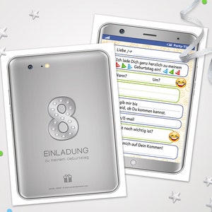 Einladungskarten Tablet zum 8. Kindergeburtstag coole Karten zum Geburtstag für Mädchen Jungen Jungs Mädels Einladungen Handy-Motiv Smiley