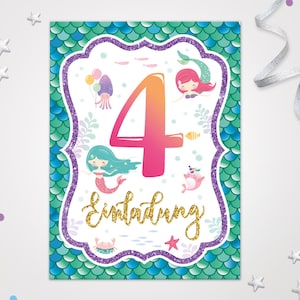 Einladungskarten Meerjungfrau zum 4. Kindergeburtstag coole Einladungen zum Geburtstag Meerjungfrau-Motiv für Mädchen Mädels Nixe Meernixe