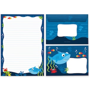 Briefpapier-Set Hai Briefblock Umschläge Blöcke für Jungs Jungen Mädchen Haifisch-Motiv A4 A5 Notizblock Papier cooles Heft Krabbe Hai Fisch