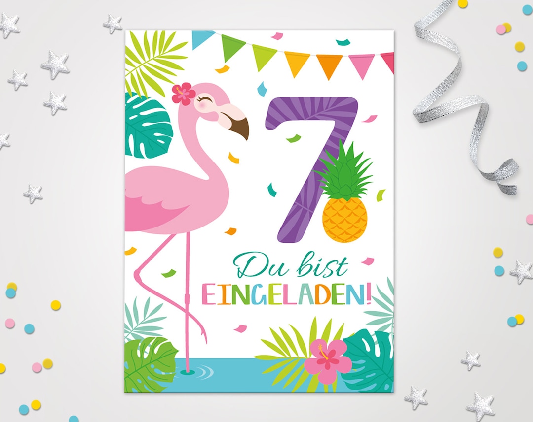 Einladungskarten zum 7. Kindergeburtstag Flamingo coole Einladungen zum