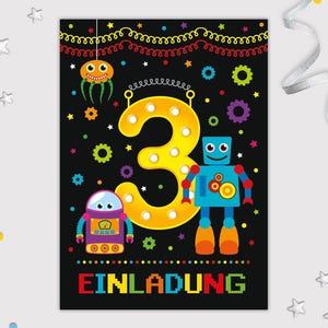 Roboter Einladungskarten zum 3. Kindergeburtstag für Jungen Jungs coole bunte Einladungen dritte Geburtstag Jungsgeburtstag
