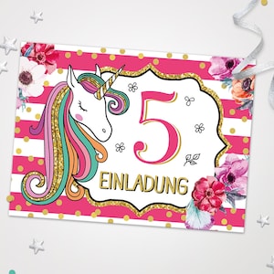 Einladungskarten Einhorn zum 5. Kindergeburtstag Einladungen zum Geburtstag Einhorn-Motiv für Mädchen Mädels Karten Blumen schöne Karten