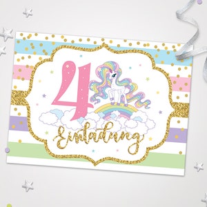Einladungskarten Einhorn zum 4. Kindergeburtstag Einladungen zum Geburtstag Einhorn-Motiv für Mädchen Mädels Karten Regenbogen schöne Karten