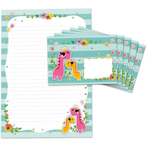 Briefpapier-Set Dino Briefblock Umschläge Blöcke für Mädchen Mädels Dinosaurier-Motiv A4 Saurier Notizblock Papier cooles Heft Dino Tiere