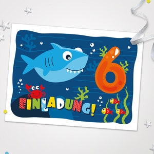 Einladungskarten Hai zum 6. Kindergeburtstag Karten zum Geburtstag Hai-Motiv für Jungen Jungs Mädchen Einladungen Haifisch Krabbe Fische