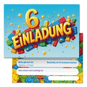 Einladungskarten Bausteine zum 6. Kindergeburtstag coole Einladungen zum sechsten Geburtstag Bauklötze-Motiv Jungen Jungs Building Bricks