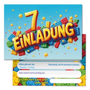 Einladungskarten Bausteine zum 7. Kindergeburtstag coole Einladungen zum siebten Geburtstag Bauklötze-Motiv für Jungen Jungs Building Bricks