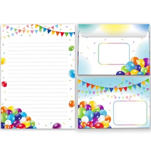 Briefpapier-Set Briefblock Umschläge Blöcke für Jungs Jungen Mädels Mädchen Motiv A5 Notizblock Papier cooles Heft Wimpelkette Luftballons