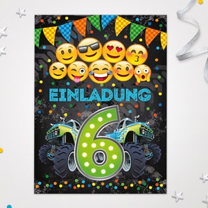 Einladungskarten Emoticons zum 6. Kindergeburtstag coole Karten zum Geburtstag für Mädchen Jungen Jungs Mädels Einladungen Smiley Truck Auto