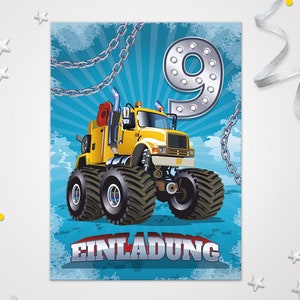 Einladungskarten Monster-Truck zum 9. Kindergeburtstag coole Einladungen zum Geburtstag Baustelle-Motiv für Jungen Bagger Rennauto Truck