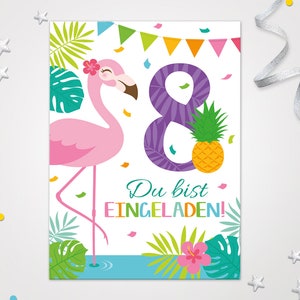 Einladungskarten zum 8. Kindergeburtstag Flamingo coole Einladungen zum achten Geburtstag Flamingo-Motiv für Mädchen Mädels pink Flamingo