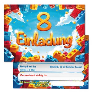 Einladungskarten Bausteine zum 8. Kindergeburtstag coole Einladungen zum achten Geburtstag Bauklötze-Motiv Jungen Jungs Building Bricks