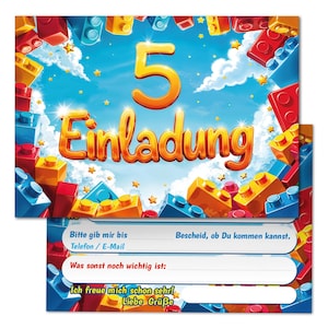 Einladungskarten Bausteine zum 5. Kindergeburtstag coole Einladungen zum fünften Geburtstag Bauklötze-Motiv für Jungen Jungs Building Bricks