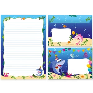 Briefpapier-Set Hai Briefblock Umschläge Blöcke für Jungs Jungen Mädchen Haifisch-Motiv A4 A5 Notizblock Papier cooles Heft Krabbe Hai Sand