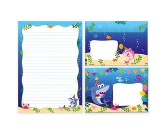 Briefpapier-Set Hai Briefblock Umschläge Blöcke für Jungs Jungen Mädchen Haifisch-Motiv A4 A5 Notizblock Papier cooles Heft Krabbe Hai Sand