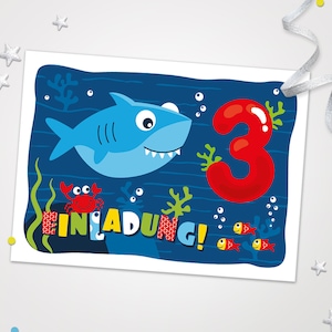 Einladungskarten Hai zum 3. Kindergeburtstag Karten zum Geburtstag Hai-Motiv für Jungen Jungs Mädchen Einladungen Haifisch Krabbe Fische