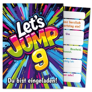 Jump Einladungskarten zum 9. Kindergeburtstag Einladungen neunte Geburtstag Trampolin Mädchen Jungen Mädels Kinder Springen Jumpen Jump-Park