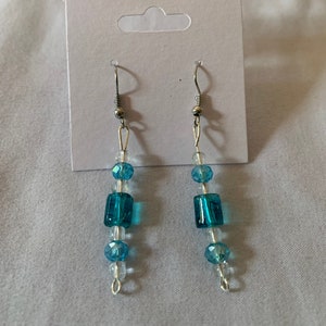 blue and clear glass bead dangle earrings
