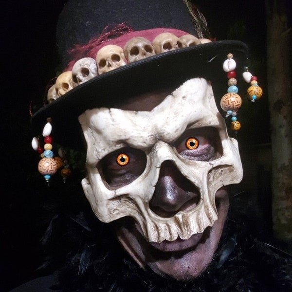Masque demi crâne halloween, masque demi crâne vaudou, baron samedi, sorcier, démon, guerrier, poupée vaudou, voodoo skull, costume voodoo