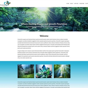 May include: Website homepage for Heart Centre Therapy, a business that offers compassionate support and personalised care. The website features a green and blue colour scheme with a photo of a stream in a forest. The text "Where Healing Begins and Growth Flourishes" is displayed above the text "Welcome".