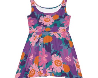 Flower Power Dress | Psychedelic Skater Dress | Groovy Daisy Print Dress | Retro 60s 70s Midi Dress | Boho Summer Party Dress