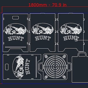 May include: A laser cut design for a wooden fire pit. The design includes three panels with a hunter and the word "HUNT" on each panel. There is also a panel with a target and a panel with a handle. The design is 70.9 inches wide and 55.11 inches tall.