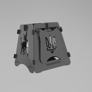 Könnte beinhalten: Eine graue dekorative Metallbox mit ausgeschnittenen Designs. Eine Seite zeigt eine Silhouette eines Bullen, während eine andere ein Dreizack-Symbol zeigt. Die Box hat eine einzigartige, eckige Form mit gebogenen Kanten und kleinen Laschen.