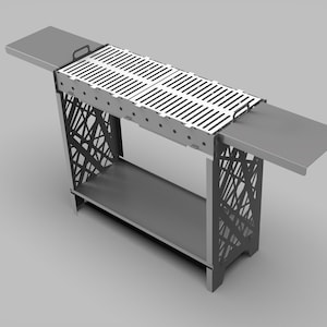 Może przedstawiać: Metalowy grill ogrodowy z wyjmowanym rusztem i boczną półką. Grill ma ozdobny, geometryczny wzór na nogach.