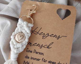 Macrame keychain, heartfelt, card, wooden ball, keychain with pearl