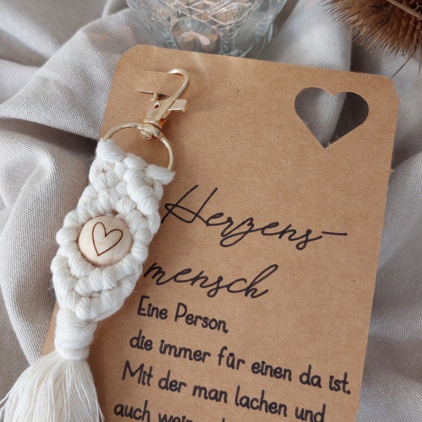 Macrame keychain, heartfelt, card, wooden ball, keychain with pearl