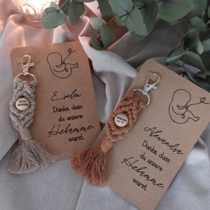 Macrame keychain, midwife gift, card, wooden ball, keychain with pearl, packaging