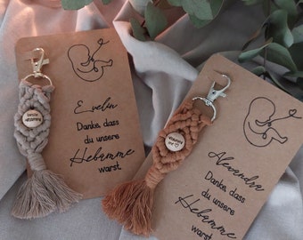Macrame keychain, midwife gift, card, wooden ball, keychain with pearl, packaging