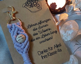 Macrame keychain, teacher gift, card, wooden ball, keychain with pearl, teacher with heart