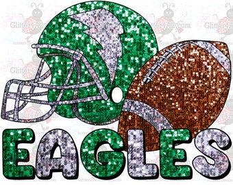 May include: Green and silver glitter football helmet with a lightning bolt design and a brown and silver glitter football. The text "EAGLES" is written in green and silver glitter.