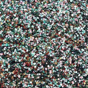May include: A close-up of a sparkly, iridescent glitter mix. The glitter is a mix of green, pink, gold, and brown colors.