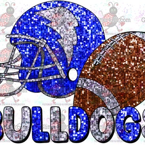 以下が含まれることがあります： 青い銀のフットボールヘルメットに稲妻のデザインと、茶色と銀のフットボールに白い紐が付いています。 「BULLDOGS」という文字が青と銀のキラキラした文字で書かれています。